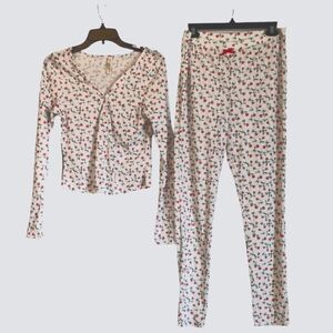 For Love & Lemons Pointelle Long Sleeve Sleep Set Sz L Roses Floral Lightweight